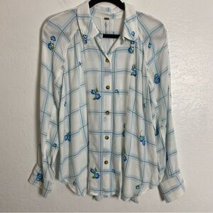 Free People Window to My Heart Floral White Blue Plaid Button Up Shirt M